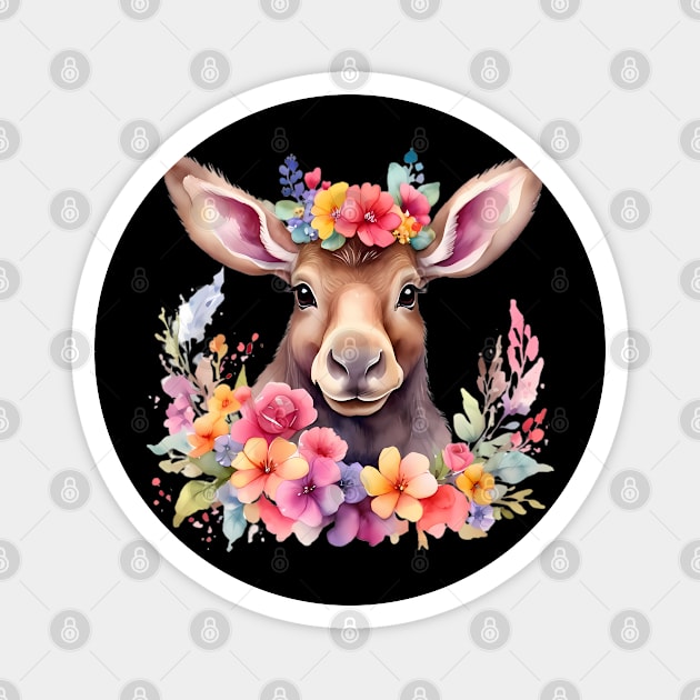 A moose decorated with beautiful watercolor flowers Magnet by CreativeSparkzz